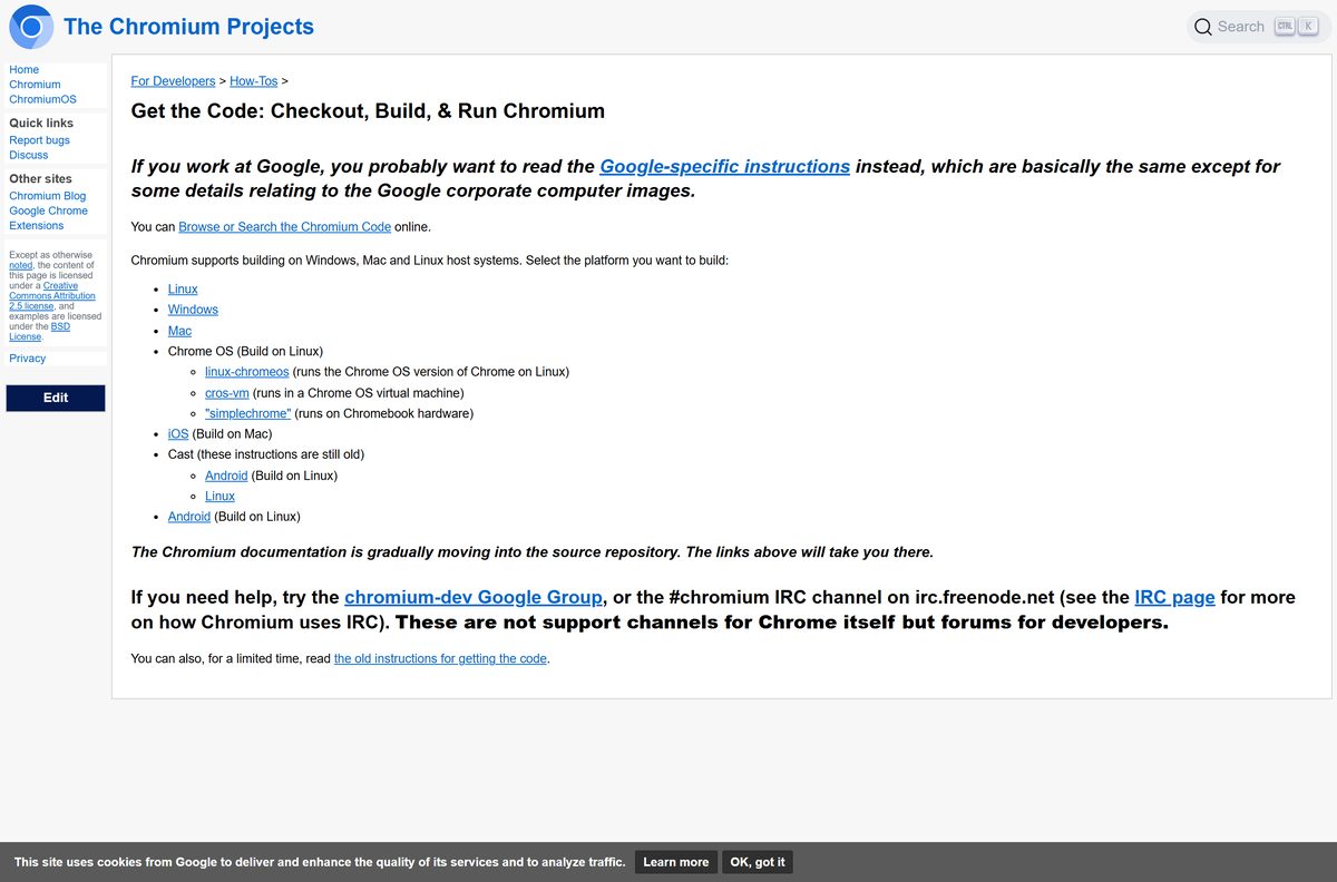 Chromium Get the Code page with build instructions per platform