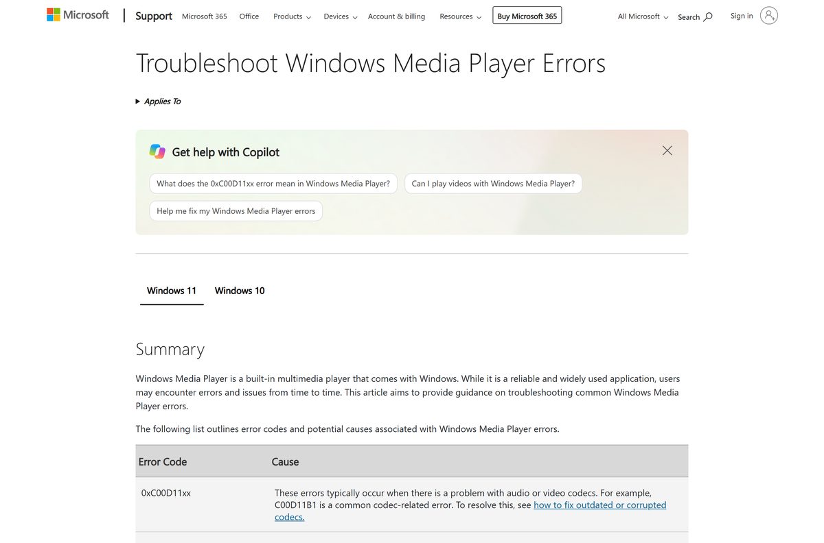 Microsoft Support page explaining how to add the Legacy player