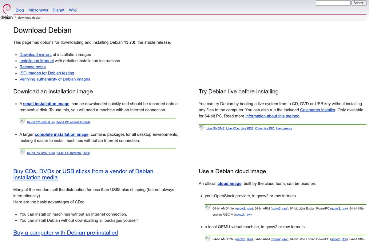 Getting Debian page listing netinst, DVD, live and cloud images