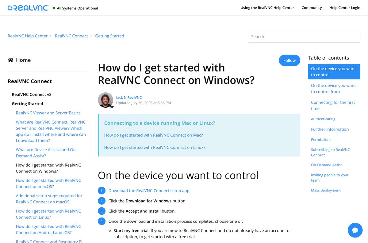 Help Center guide to getting started with RealVNC Connect on Windows