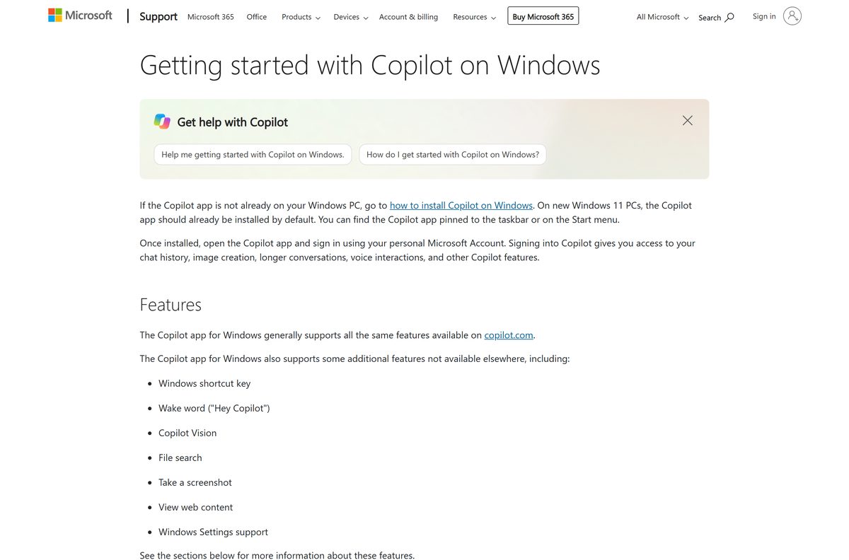 Support page explaining how to start Microsoft Copilot on a Windows PC