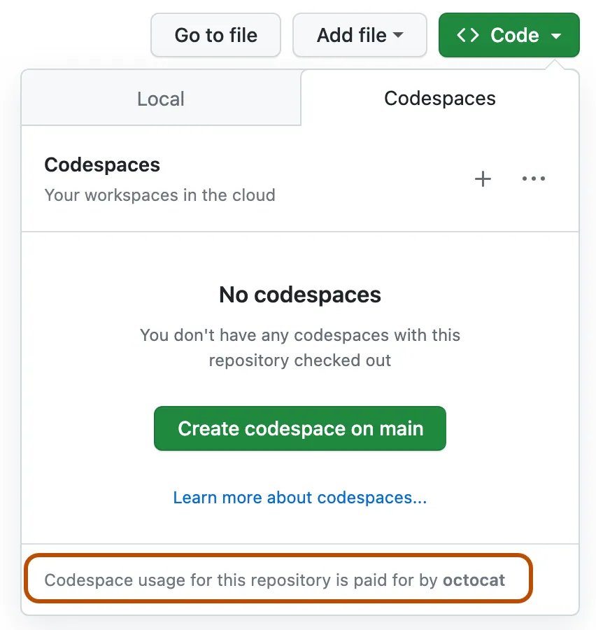 GitHub Codespaces tab showing Create codespace on main button