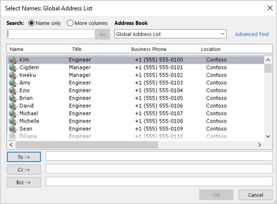 Global Address List dialog showing names, titles and phone numbers