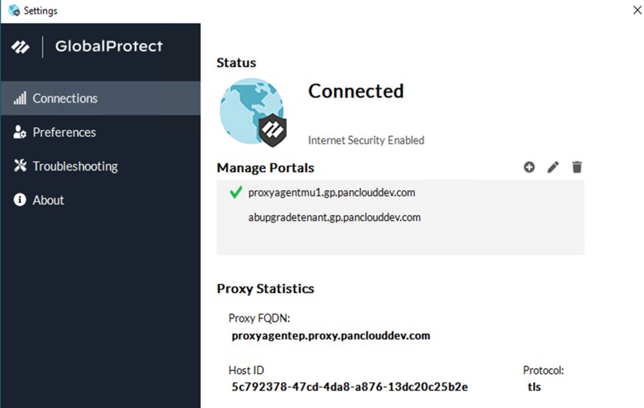 GlobalProtect Connections tab showing a Connected status and portal list