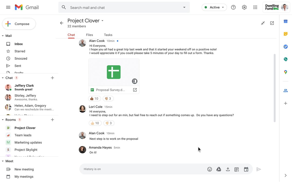 Gmail inbox with an integrated Chat panel open alongside it