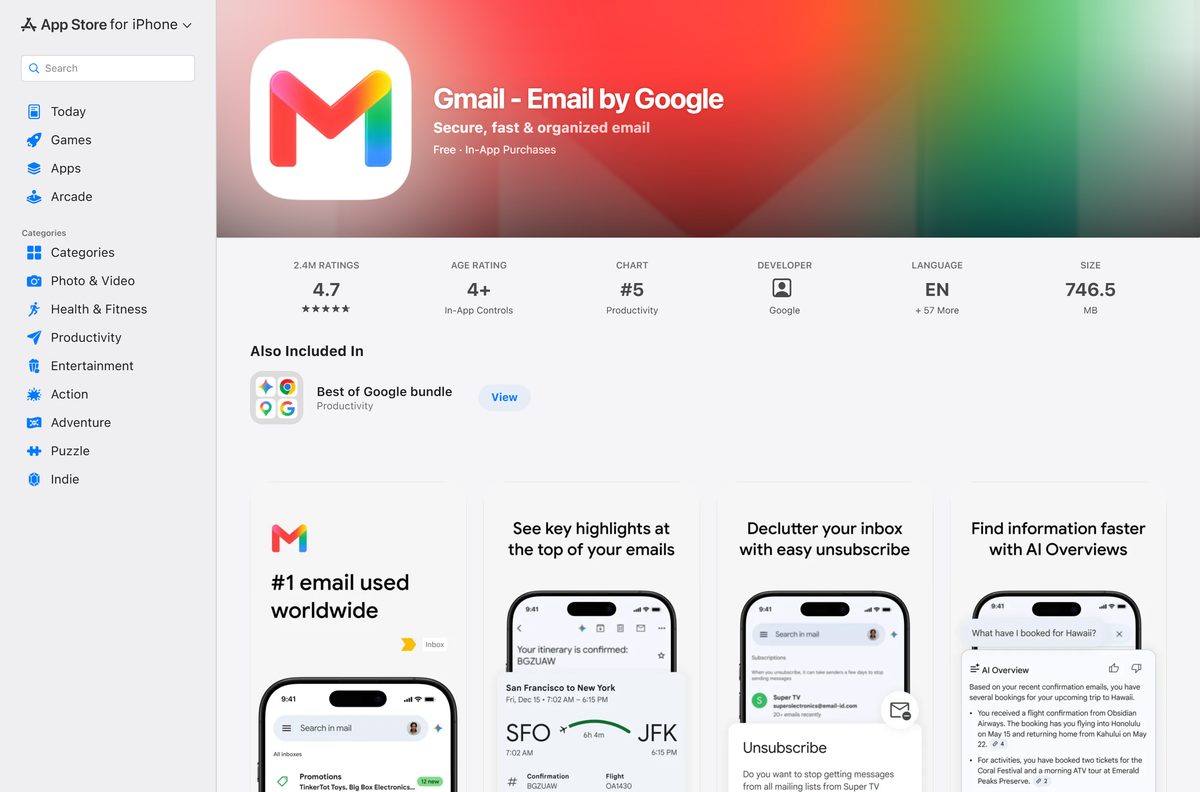 App Store page for Gmail listing iPhone and iPad compatibility
