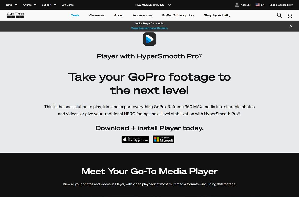 GoPro Player page with Mac App Store and Microsoft Store badges