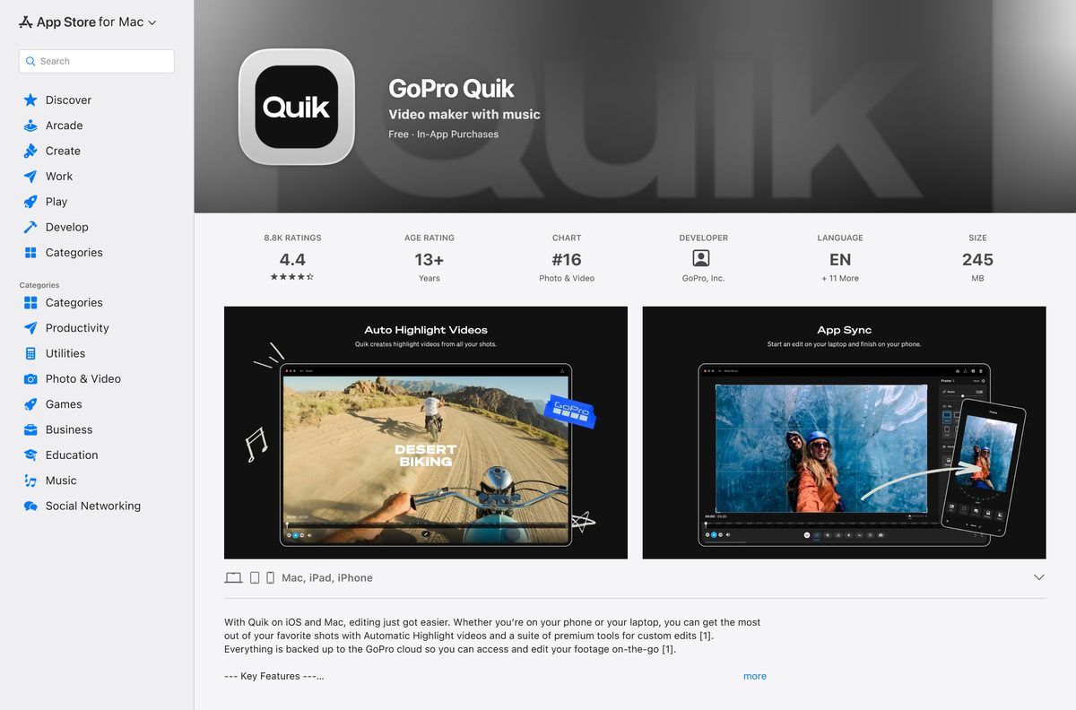 Mac App Store listing for GoPro Quik with seller and Get button