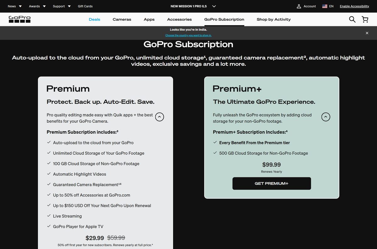 GoPro subscription page comparing Premium and Premium+ plans