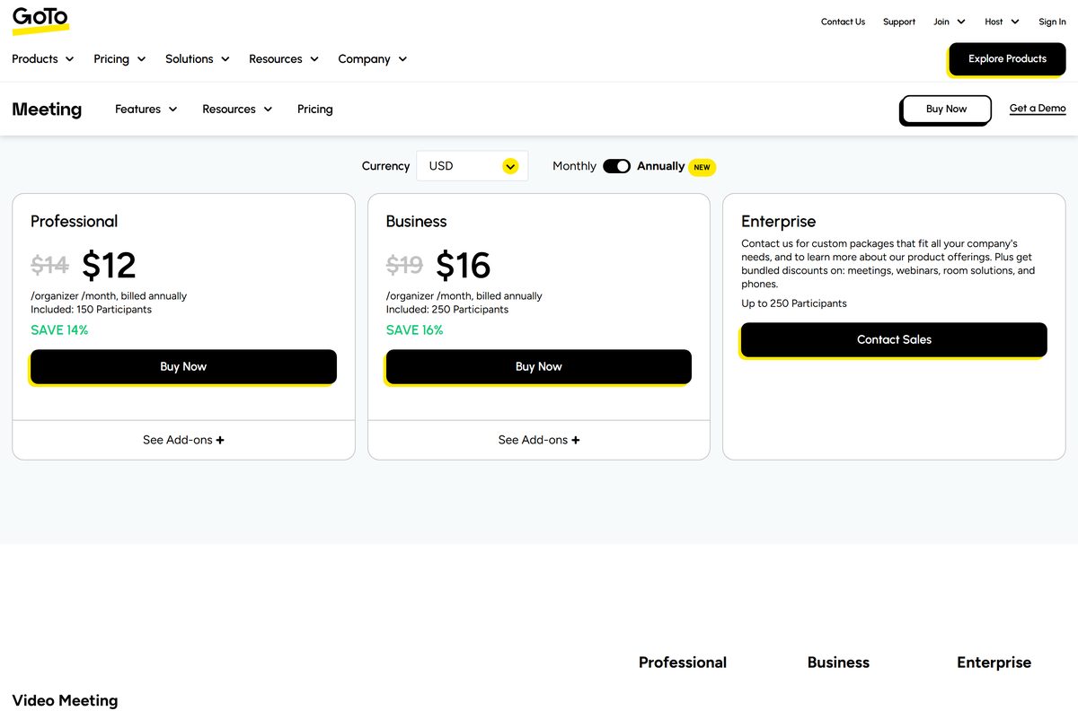 GoTo Meeting pricing page comparing Professional, Business and Enterprise plans