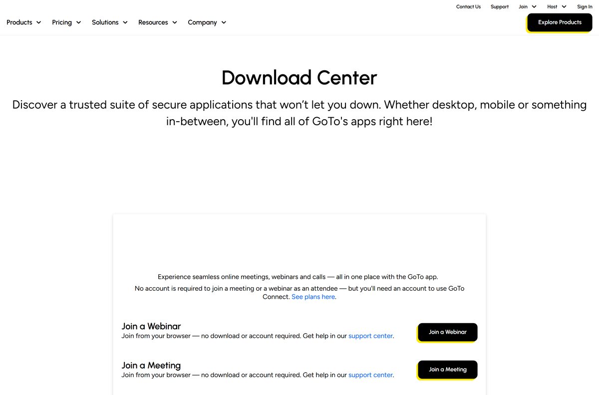 GoTo download center with desktop, mobile and browser join options