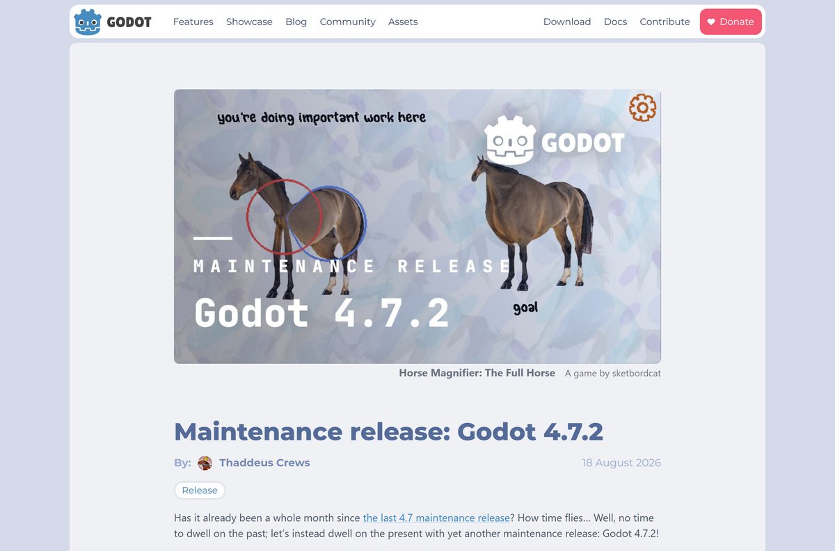 Godot Engine 4.7.2 maintenance release announcement with fixes
