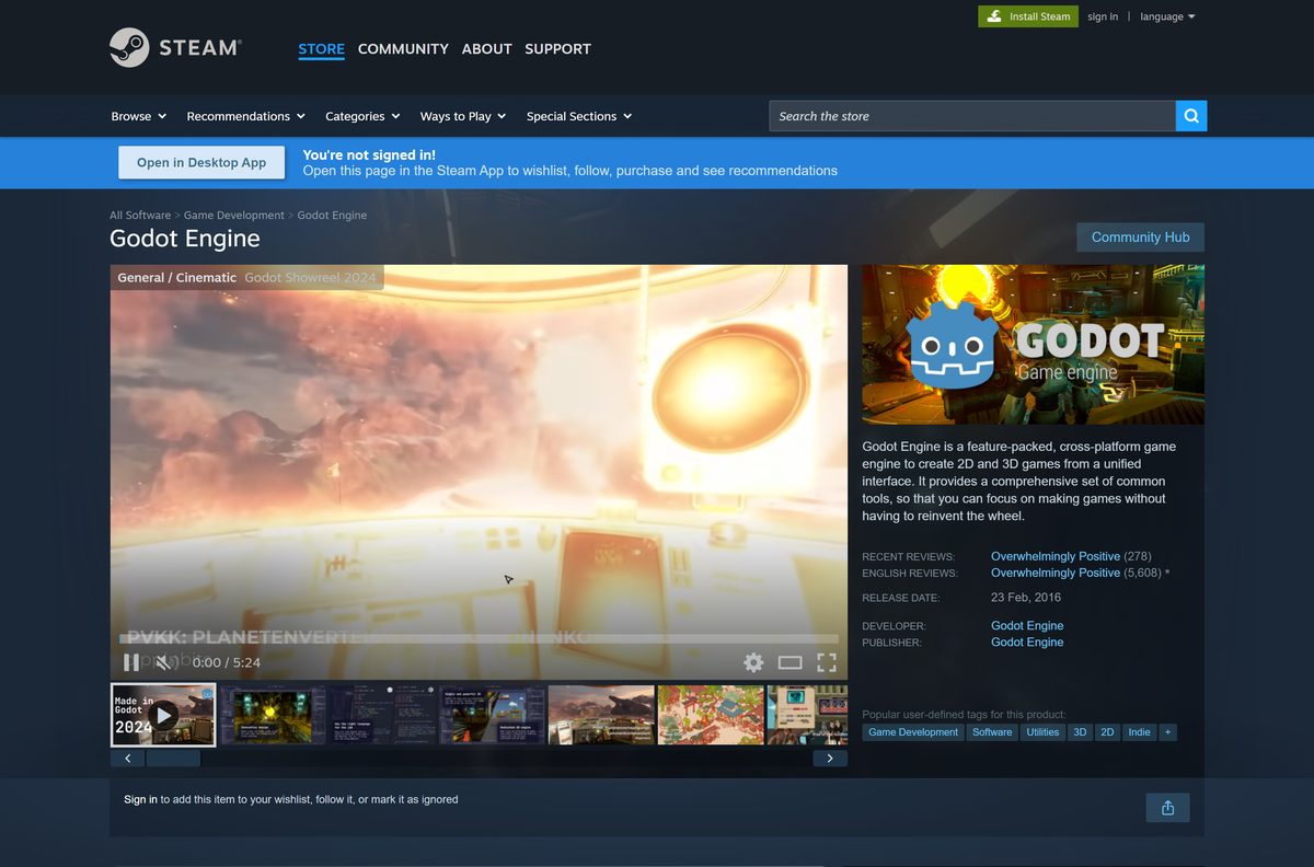 Steam store listing for Godot Engine marked free to play