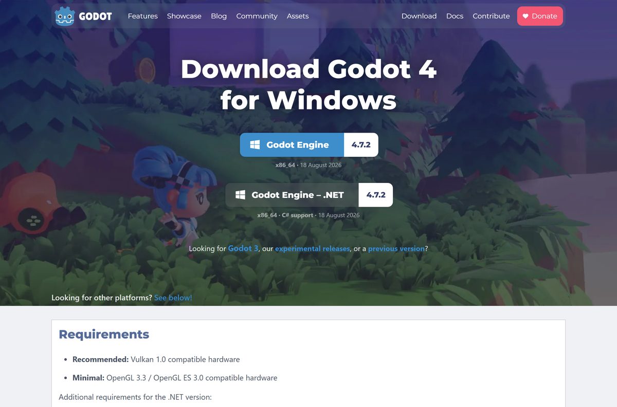 Godot Engine Windows download page with standard and .NET buttons