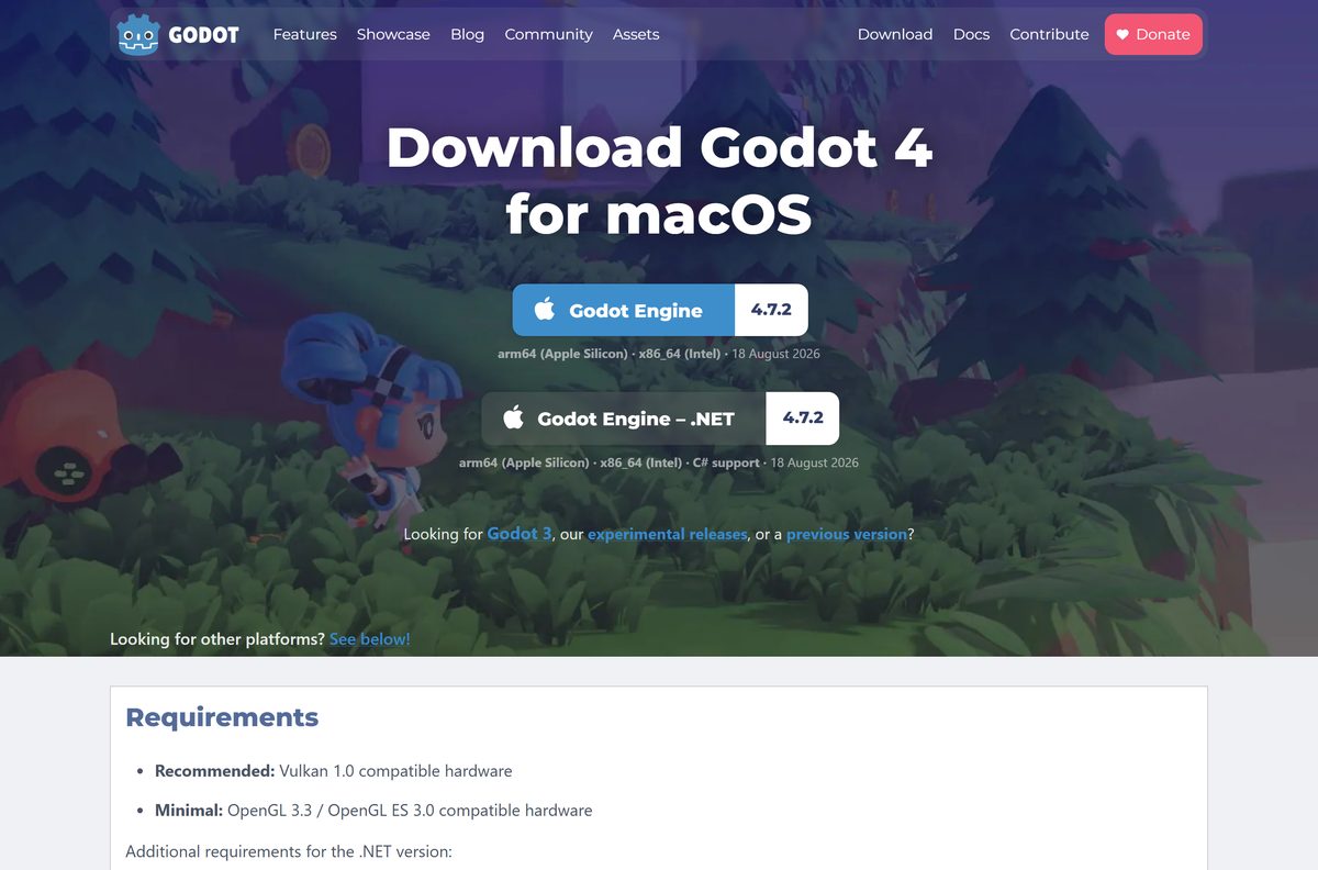 Godot Engine macOS download page offering the universal build