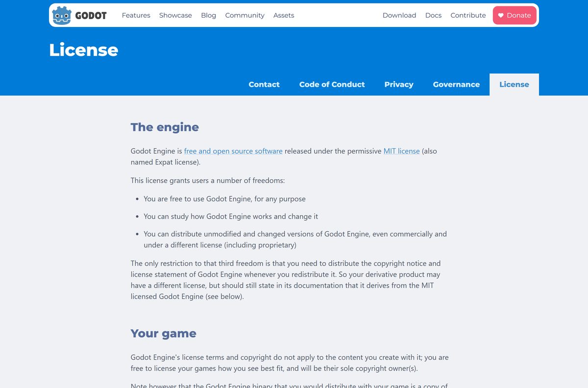 Godot Engine license page explaining the MIT terms