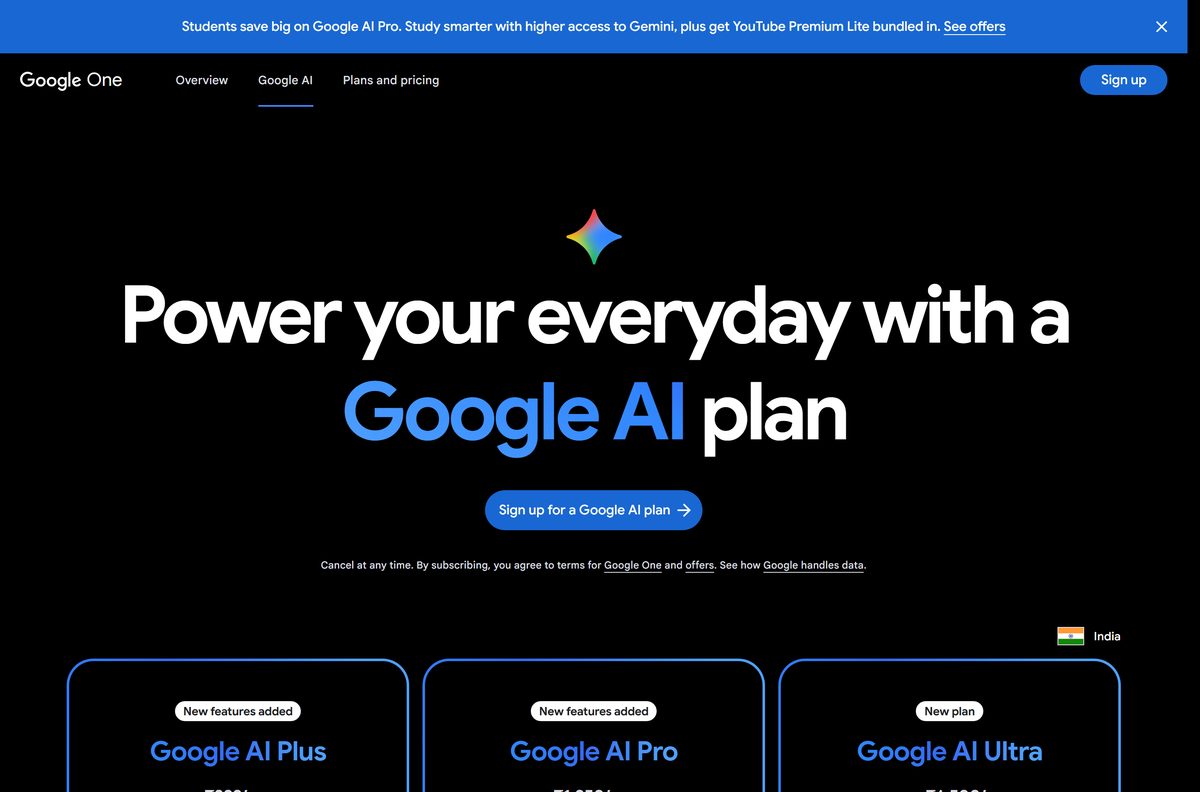 Google One page comparing AI Plus, Pro and Ultra plans