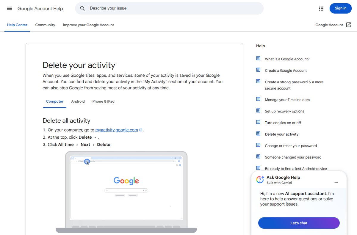 Google Account Help page listing steps to delete all activity