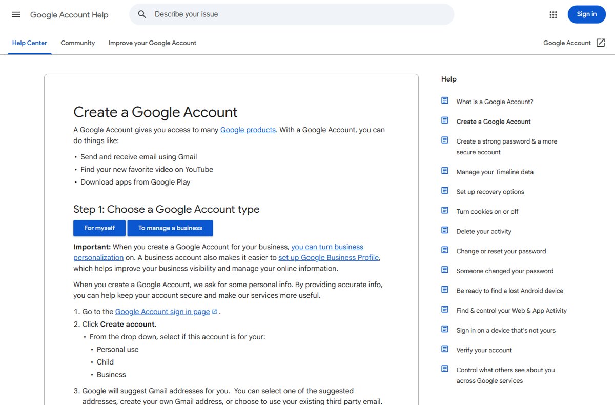 Google Account Help page with buttons for personal or business account type