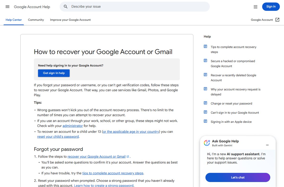 Google Account recovery page with a Get sign-in help button