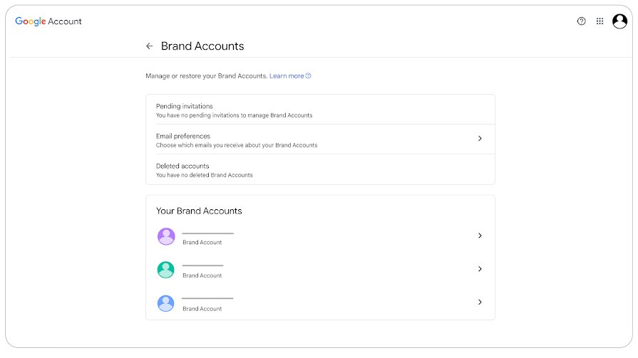 Google Account settings page listing a user's Brand Accounts