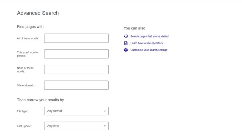 Google Advanced Search form with exact phrase, excluded words and site fields