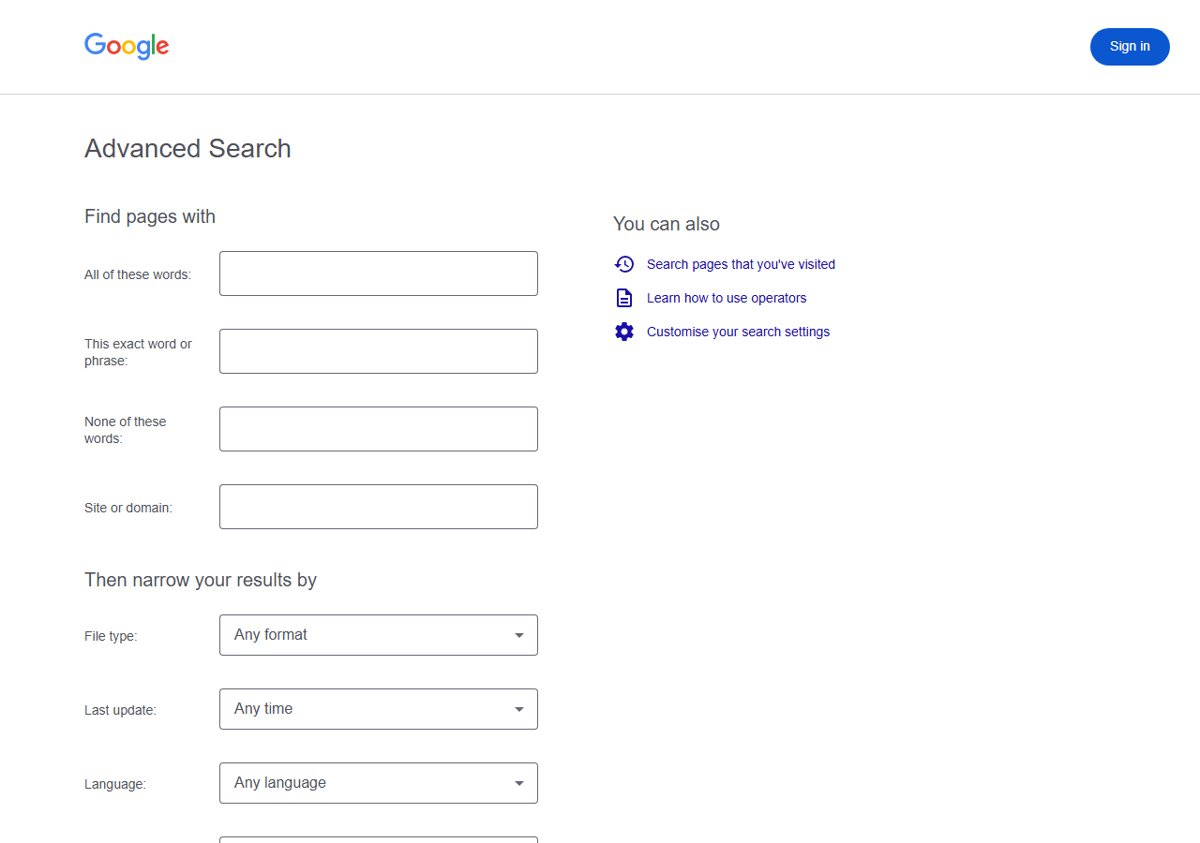 Google Advanced Search form with exact phrase, excluded words and site fields