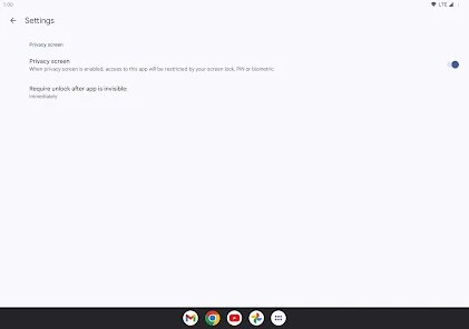 Google Authenticator Settings screen with Privacy screen toggle on
