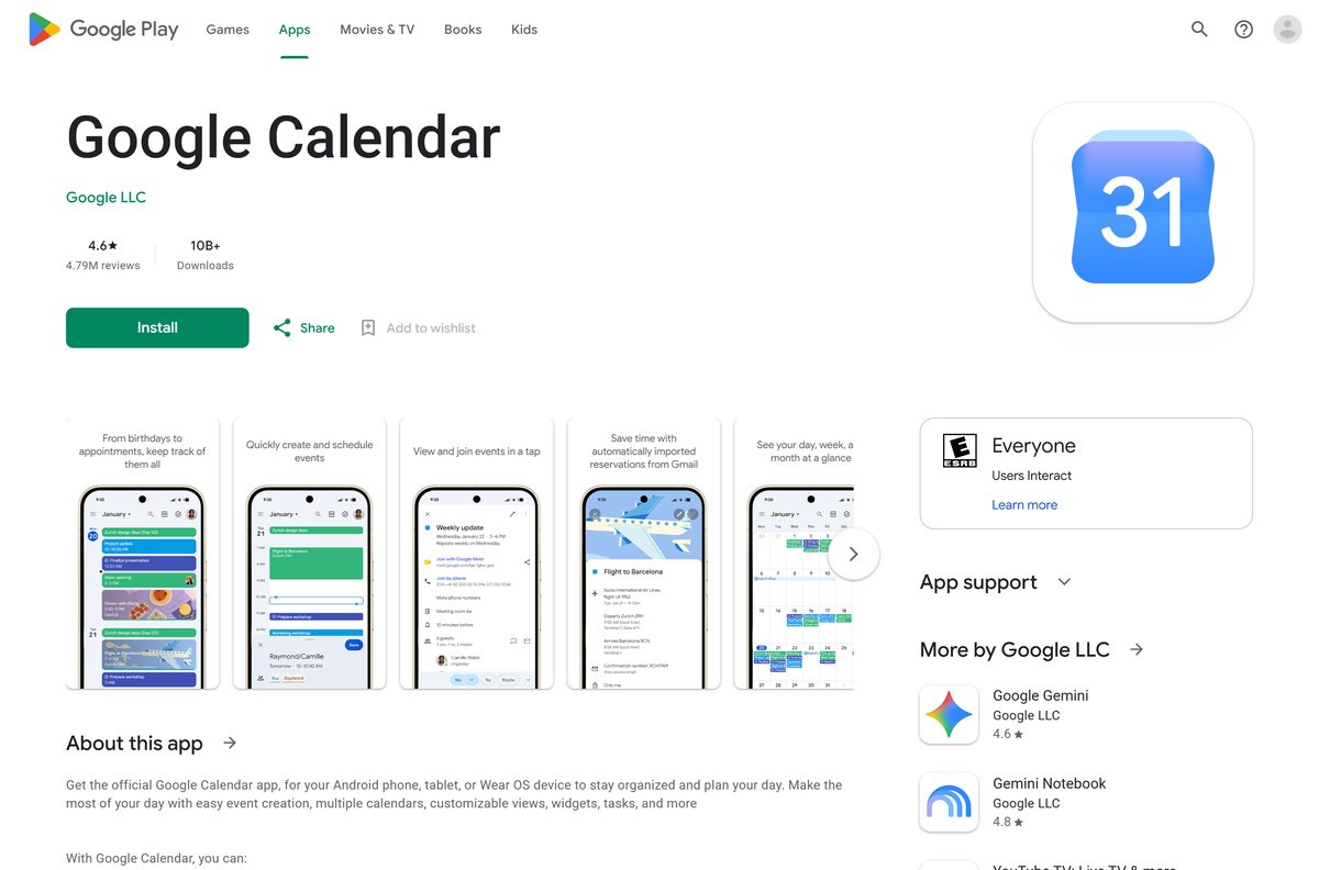 Google Play listing for Calendar with its publisher and download count
