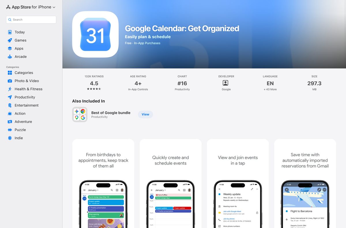 App Store page for Google Calendar on iPhone and iPad