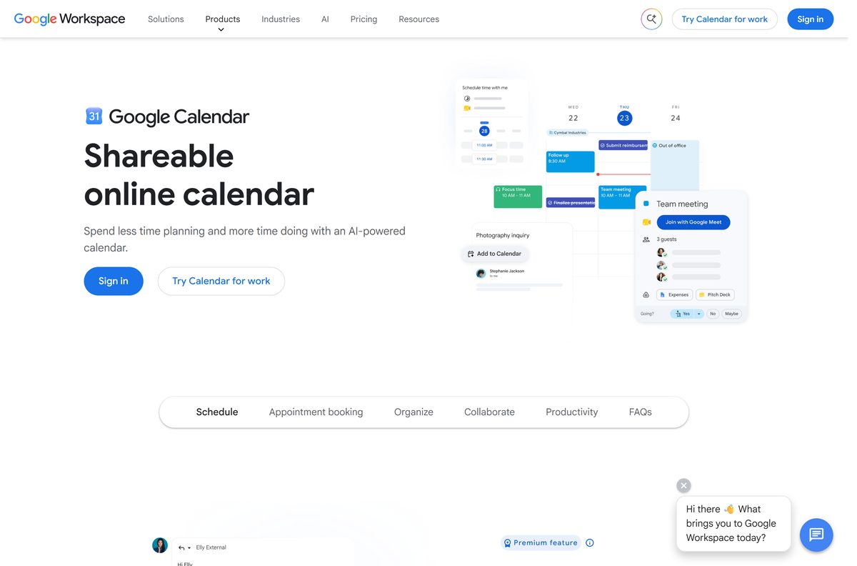 Google's Calendar product page with sign-in and work plan buttons