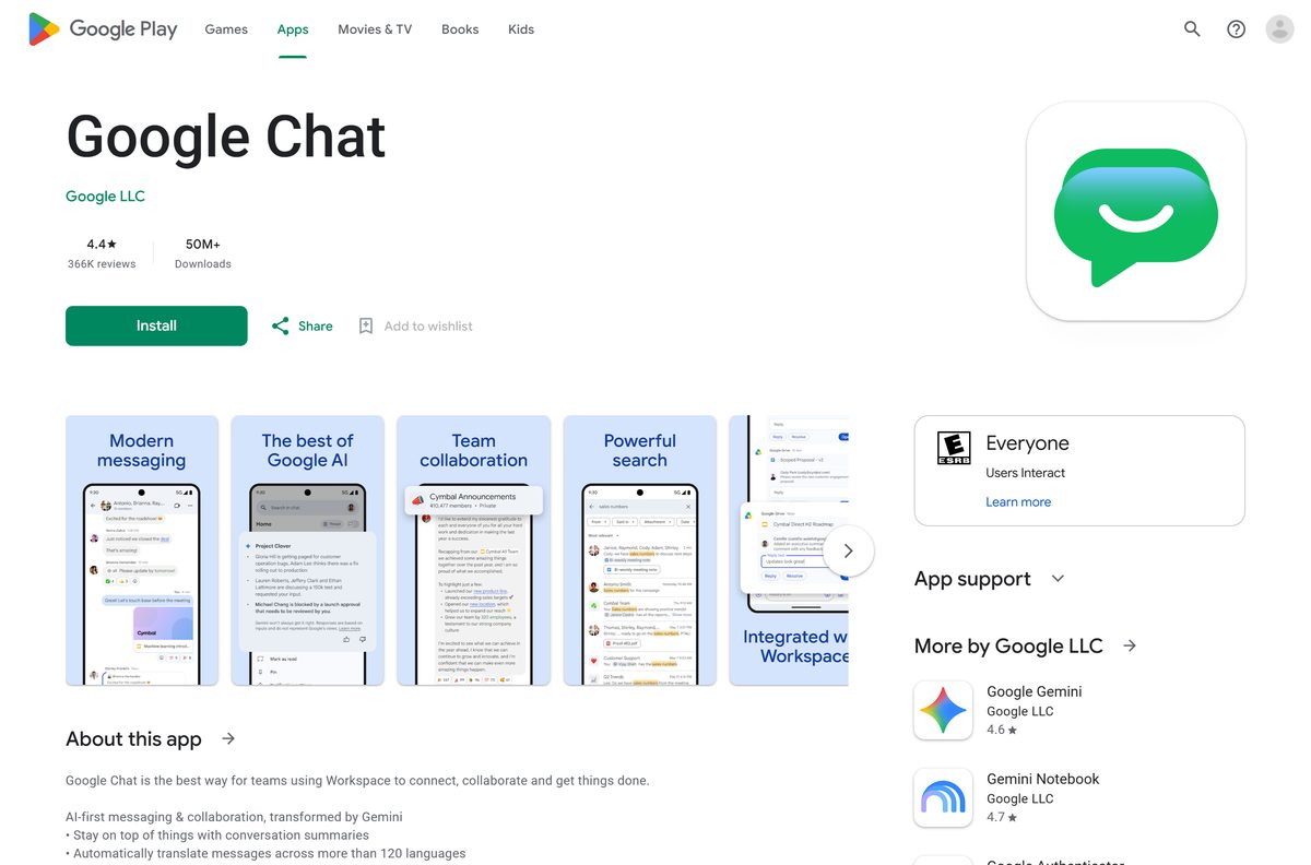 Google Play listing for Chat with its publisher and download count
