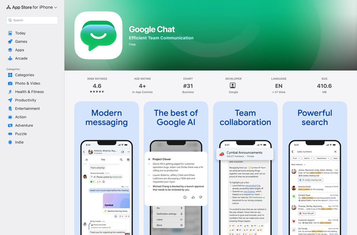 App Store listing for Chat on iPhone and iPad from Google LLC