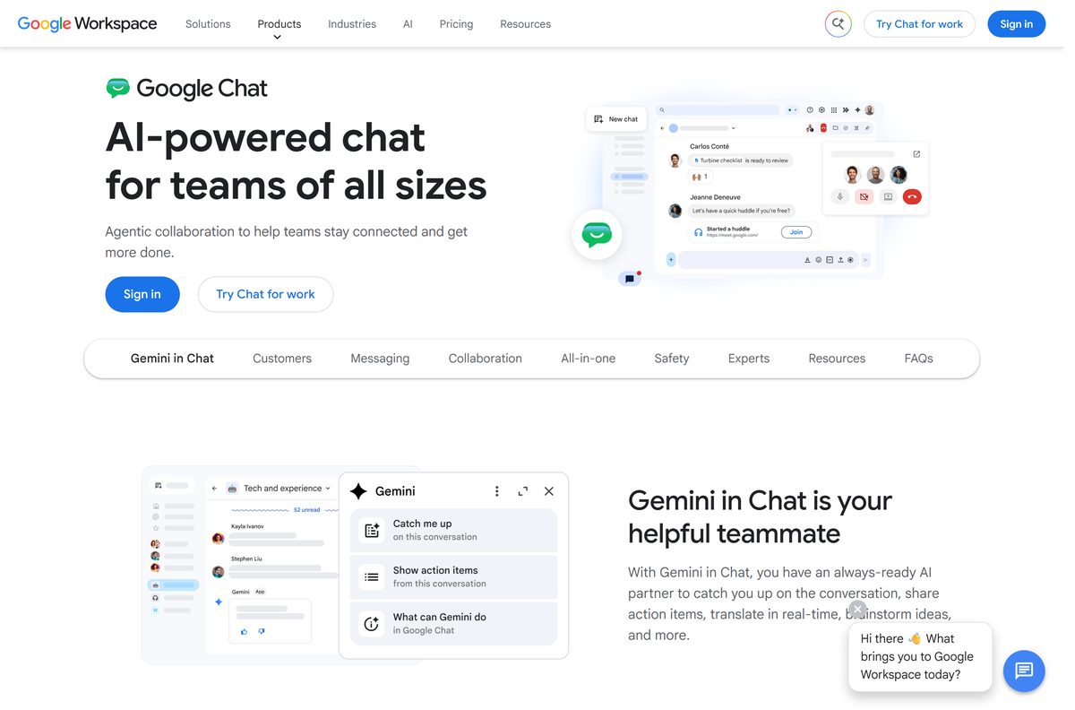 Google's Chat product page with sign-in and trial buttons
