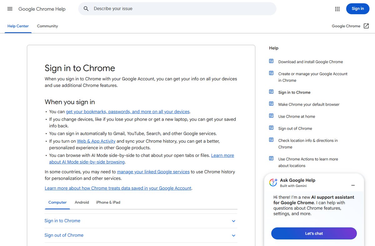 Google Chrome Help page for signing in, with device tabs