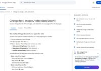 Google Chrome Help page listing keyboard shortcuts to zoom text in and out