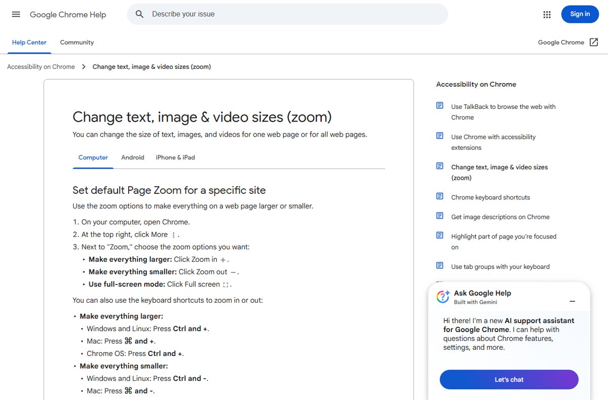 Google Chrome Help page listing keyboard shortcuts to zoom text in and out