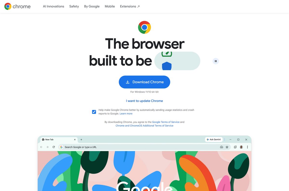 Official download page for Google Chrome with its blue download button