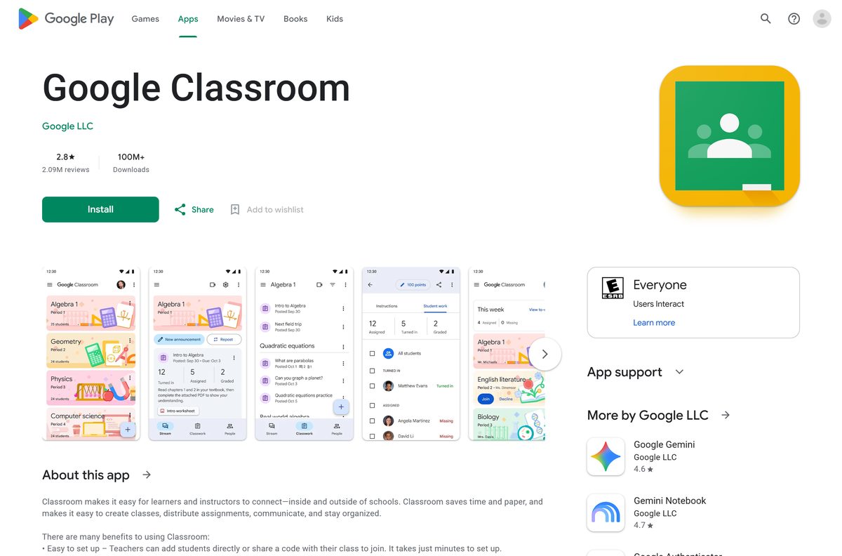 Google Play listing for Classroom with its publisher and download count