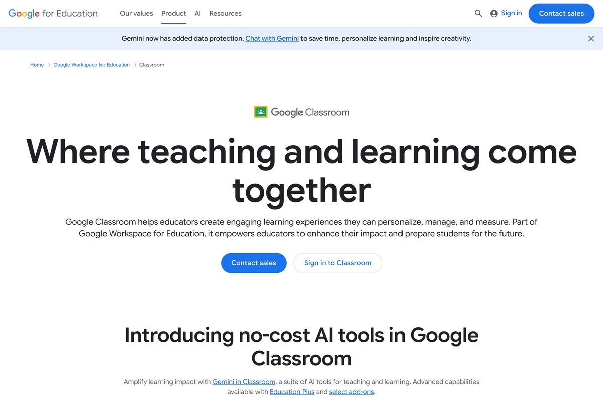 Google for Education product page for Classroom and its features