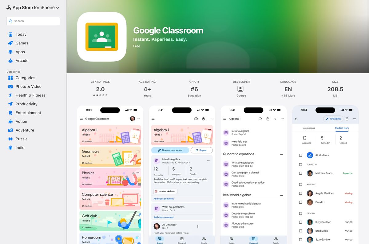 App Store listing for Classroom on iPhone and iPad from Google LLC