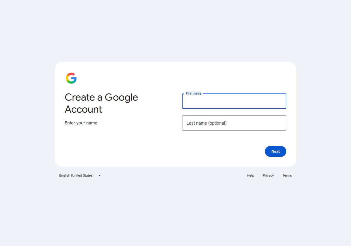 Google Create a Google Account form asking for first and last name
