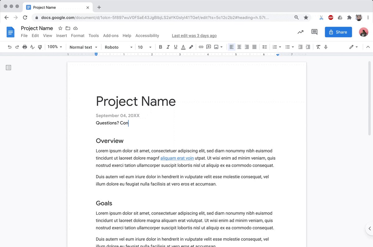 Google Docs editor open with a lorem ipsum project template