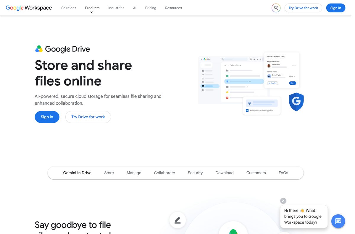 Google Drive product page with its desktop download section