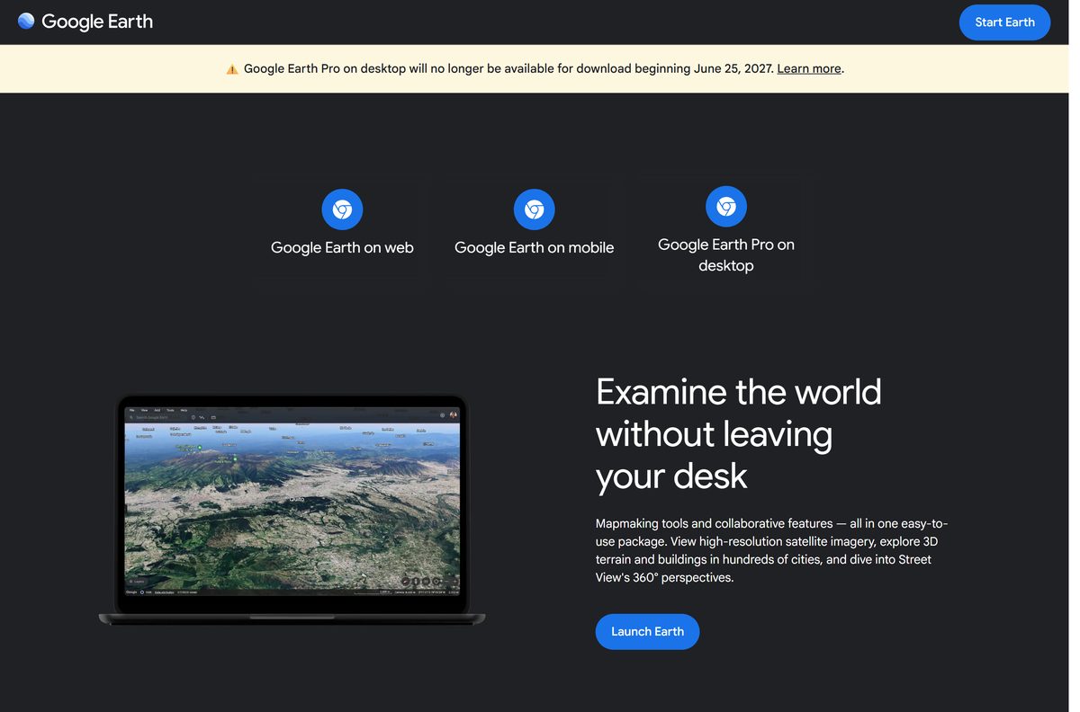 Earth Versions page with the Earth Pro on desktop download button