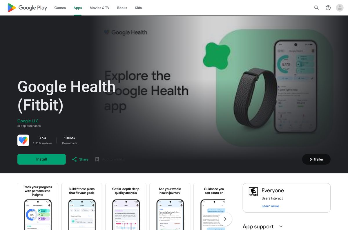 Google Play listing for Google Health (Fitbit) with its rating and downloads