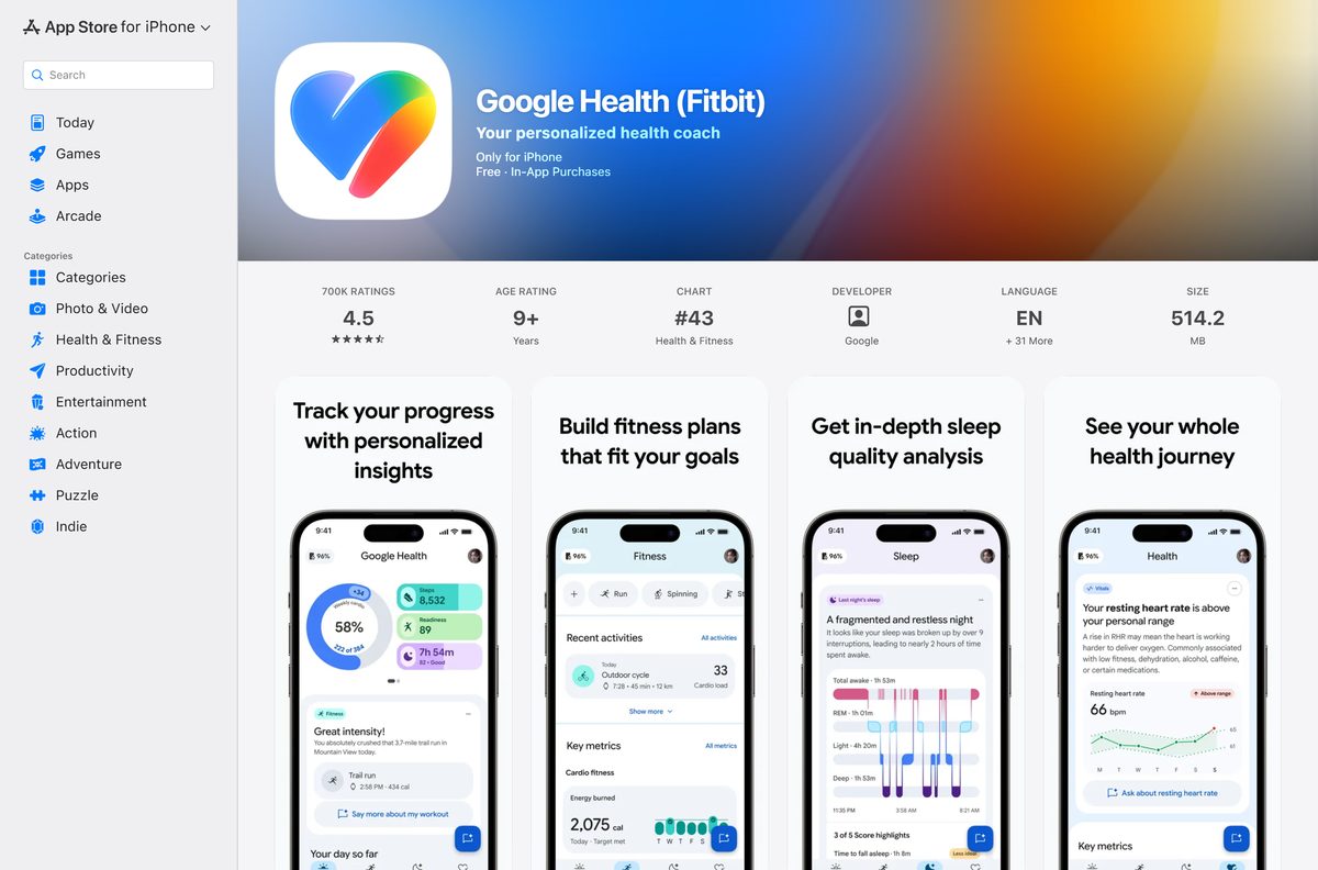 App Store page for Google Health (Fitbit) with its size and rating