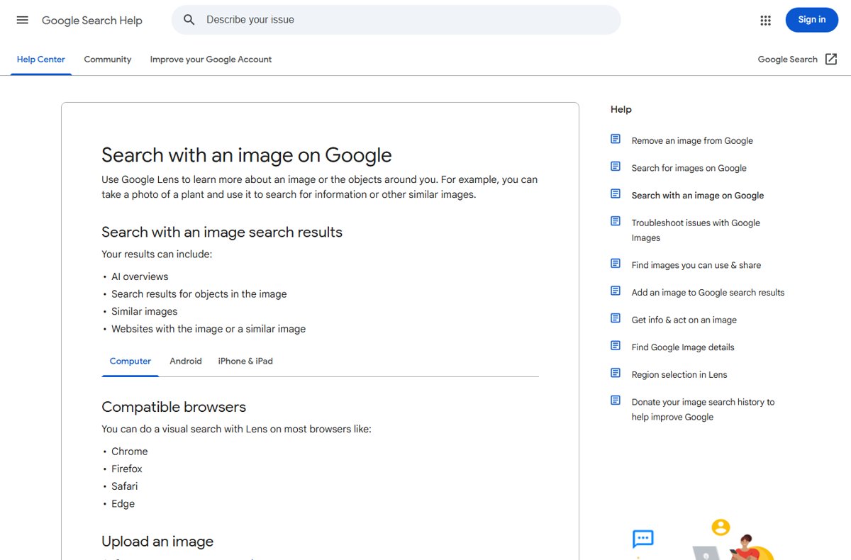 Google Help page for image search with Computer, Android, iPhone tabs
