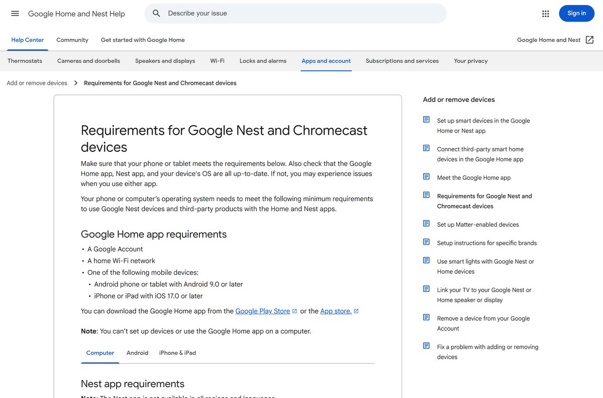 Google requirements page listing supported Android and iOS versions