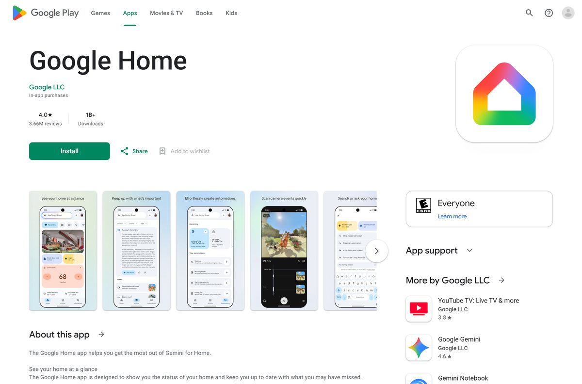 Google Play listing for Google Home with its rating and downloads